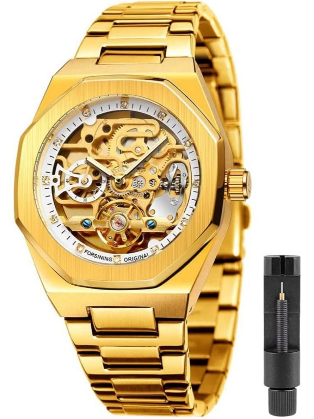 Men's Gold White Mechanical Automatic Male Clock Stainless Steel Skeleton Watch